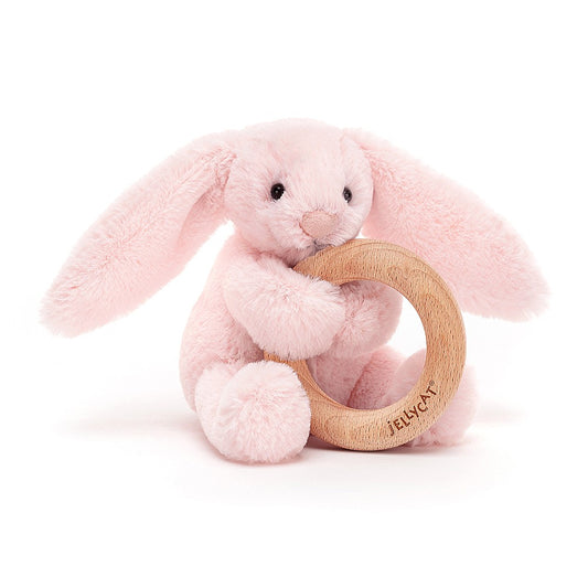 Jellycat London Bashful Pink/Blue Bunny Wooden Ring Toy (Retired Design)